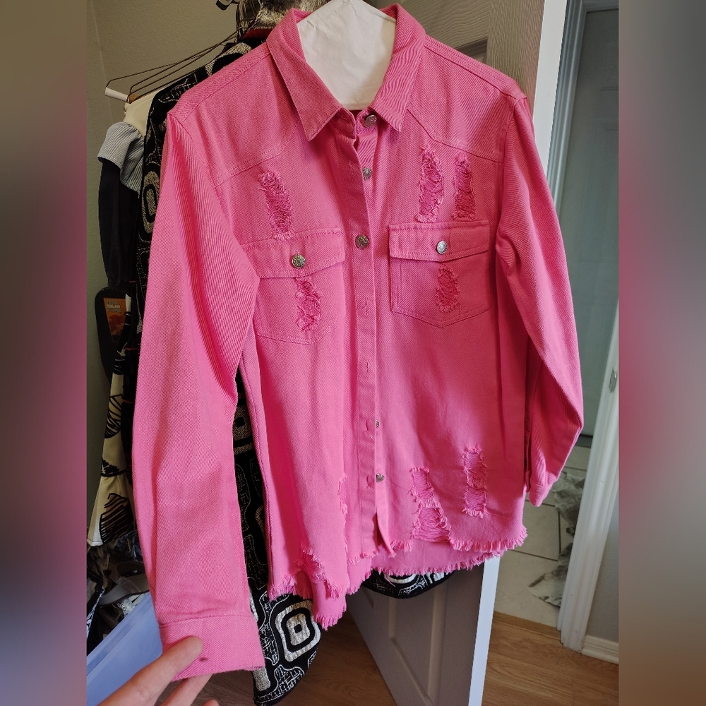 J. NNA Pink Distressed Button-Up Shirt